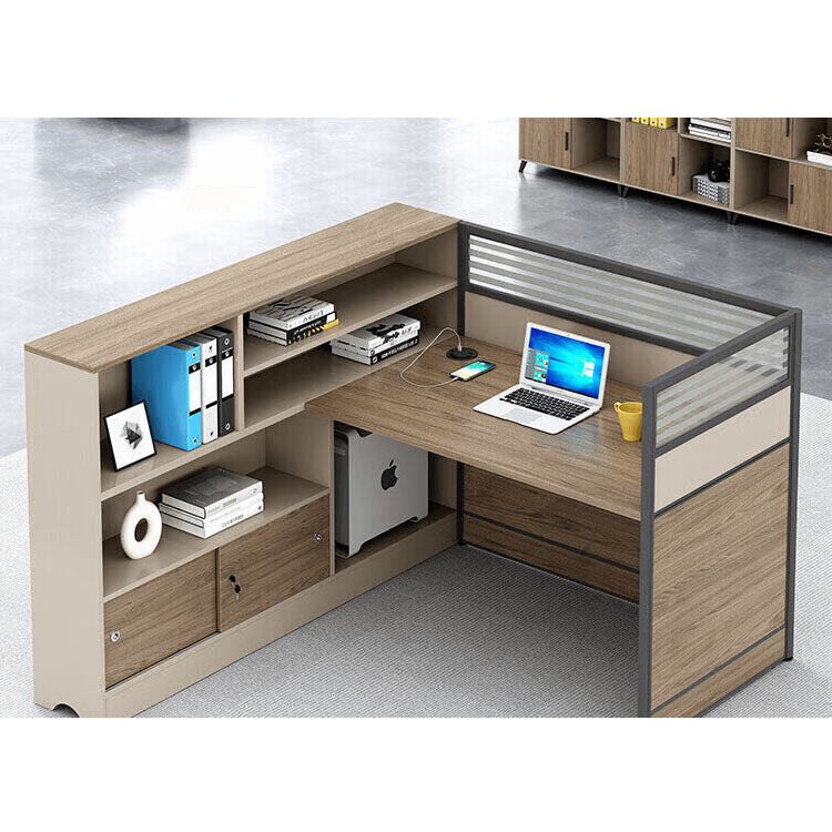 L shaped staff desk with tall cabinet and screen, office desk and chair combination