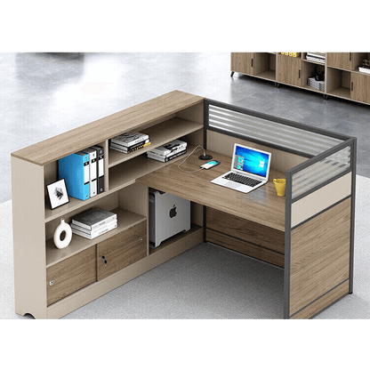 L shaped staff desk with tall cabinet and screen, office desk and chair combination