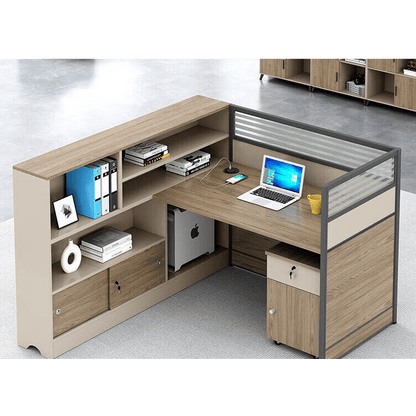 L shaped staff desk with tall cabinet and screen, office desk and chair combination