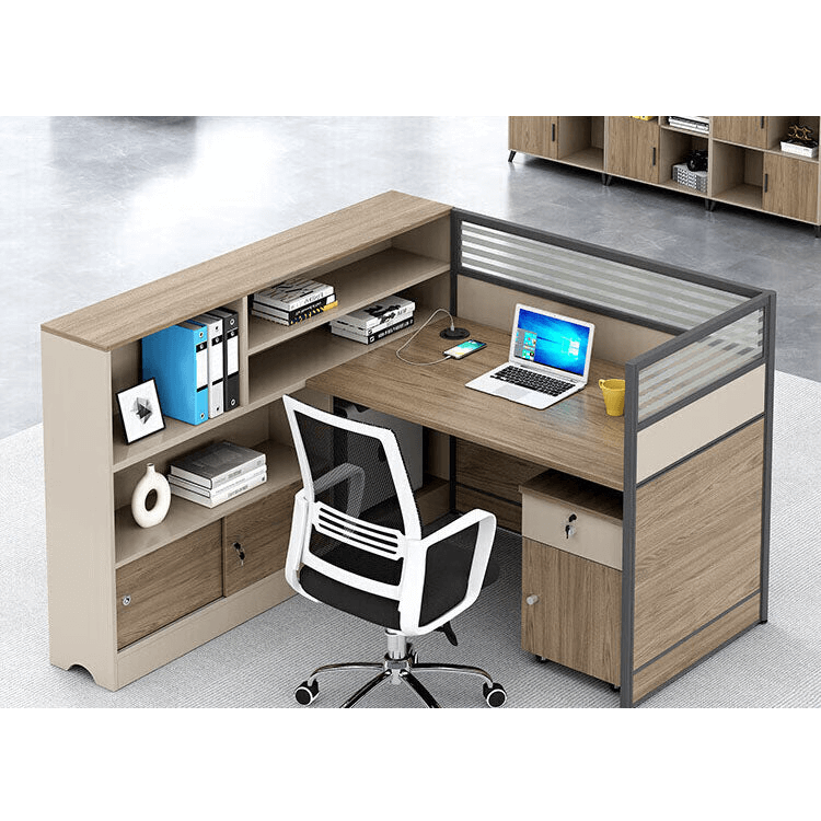 L shaped staff desk with tall cabinet and screen, office desk and chair combination