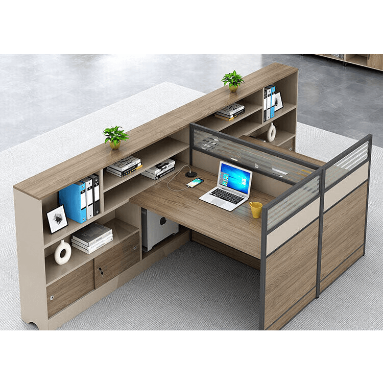 L shaped staff desk with tall cabinet and screen, office desk and chair combination