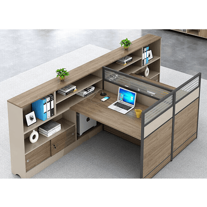 L shaped staff desk with tall cabinet and screen, office desk and chair combination