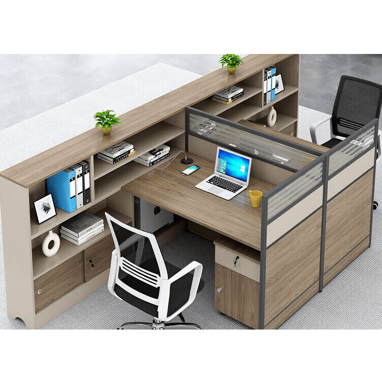 L shaped staff desk with tall cabinet and screen, office desk and chair combination