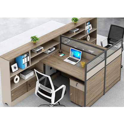 L shaped staff desk with tall cabinet and screen, office desk and chair combination