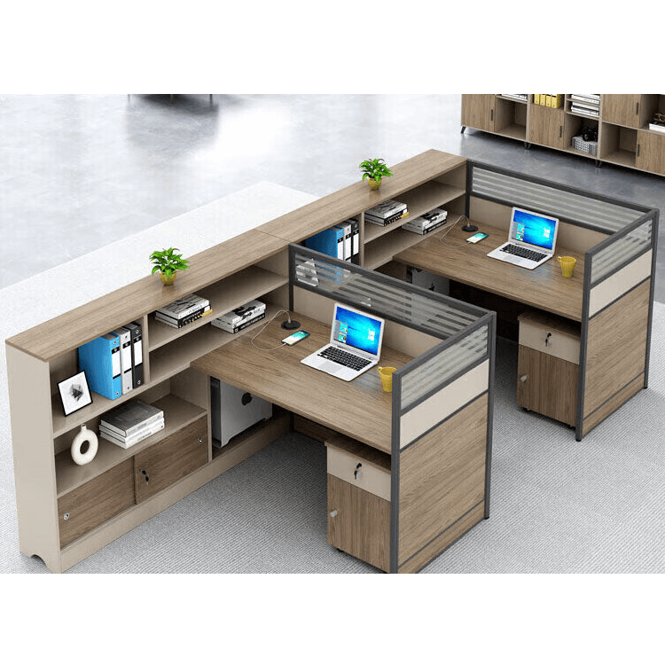 L shaped staff desk with tall cabinet and screen, office desk and chair combination