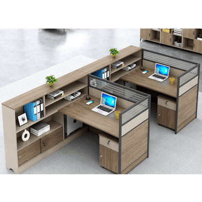 L shaped staff desk with tall cabinet and screen, office desk and chair combination