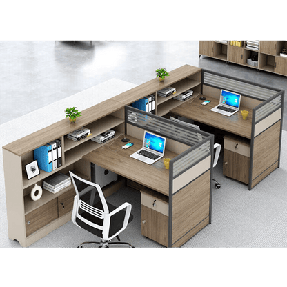 L shaped staff desk with tall cabinet and screen, office desk and chair combination