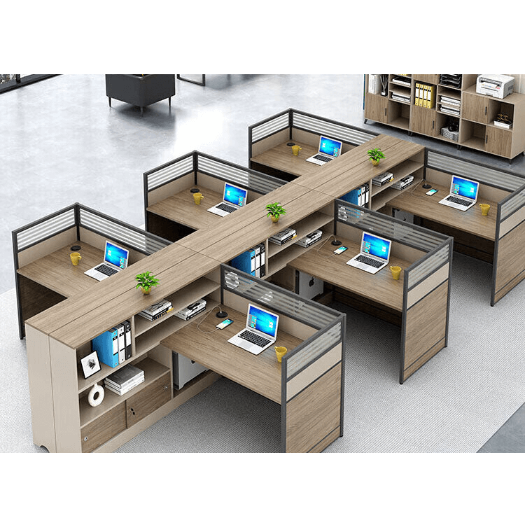 L shaped staff desk with tall cabinet and screen, office desk and chair combination