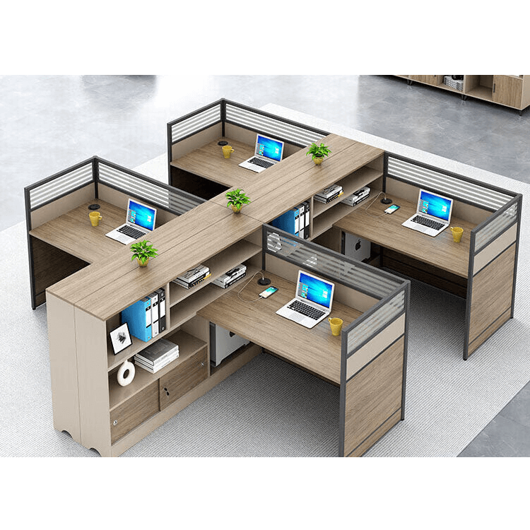 L shaped staff desk with tall cabinet and screen, office desk and chair combination