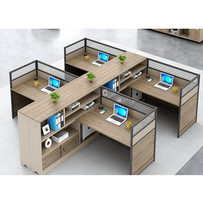 L shaped staff desk with tall cabinet and screen, office desk and chair combination