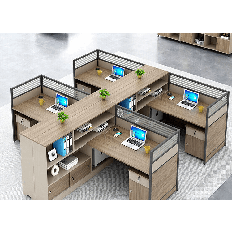 L shaped staff desk with tall cabinet and screen, office desk and chair combination