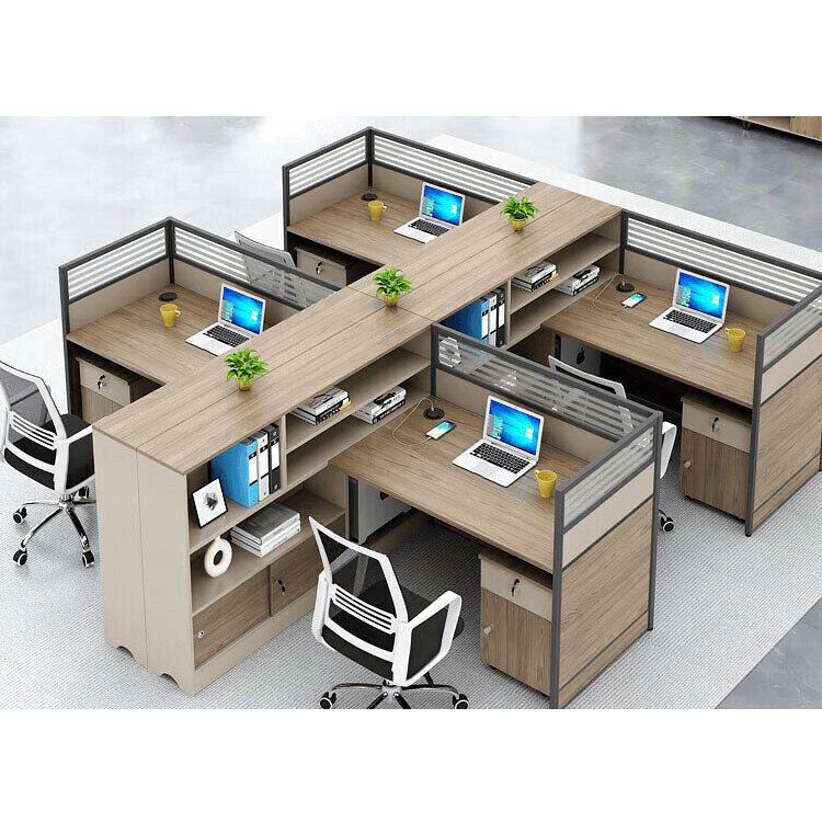 L shaped staff desk with tall cabinet and screen, office desk and chair combination