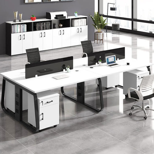 Office desk and chair combination, workstation computer desk in black and white