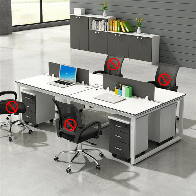 Multiple person office desk and chair set, modern employee workstation with screen partition