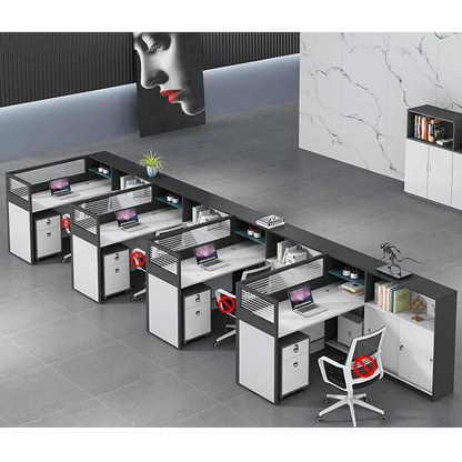 L shaped multiperson staff office with card slots, office desk and chair set