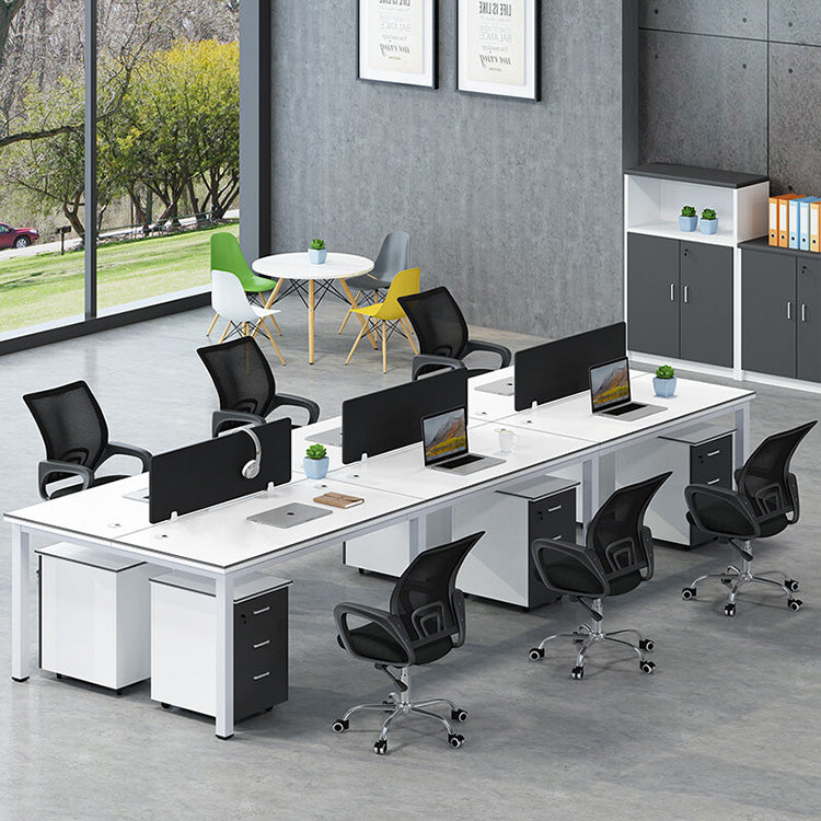 Multiple person office desk and chair set, modern employee workstation with screen partition