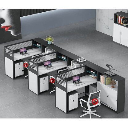 L shaped multiperson staff office with card slots, office desk and chair set