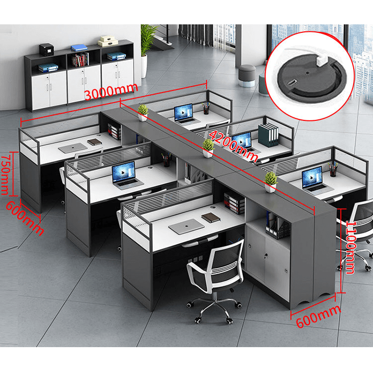 L shaped office desk computer desk, simple office card slot in gray white color