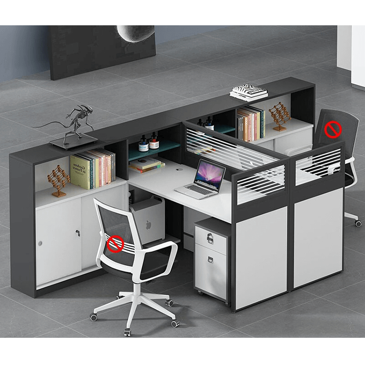 L shaped multiperson staff office with card slots, office desk and chair set