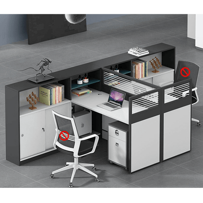 L shaped multiperson staff office with card slots, office desk and chair set