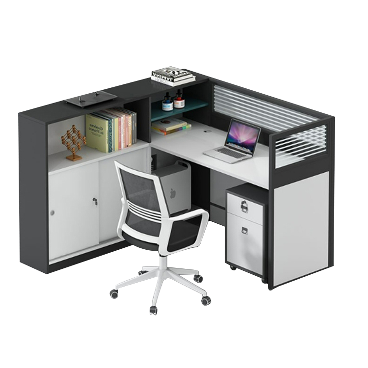 L shaped multiperson staff office with card slots, office desk and chair set