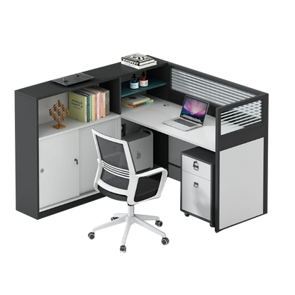 L shaped multiperson staff office with card slots, office desk and chair set