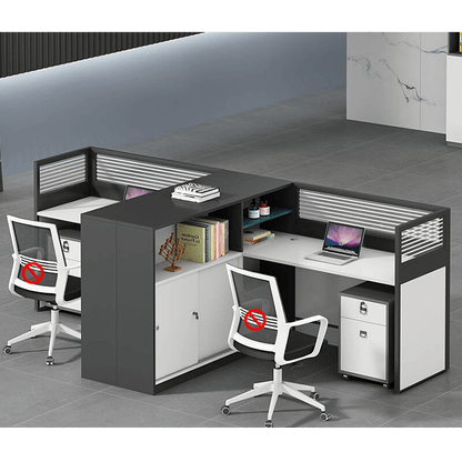 L shaped multiperson staff office with card slots, office desk and chair set