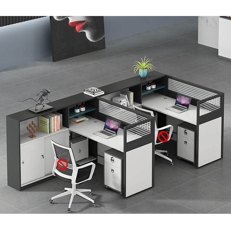 L shaped multiperson staff office with card slots, office desk and chair set