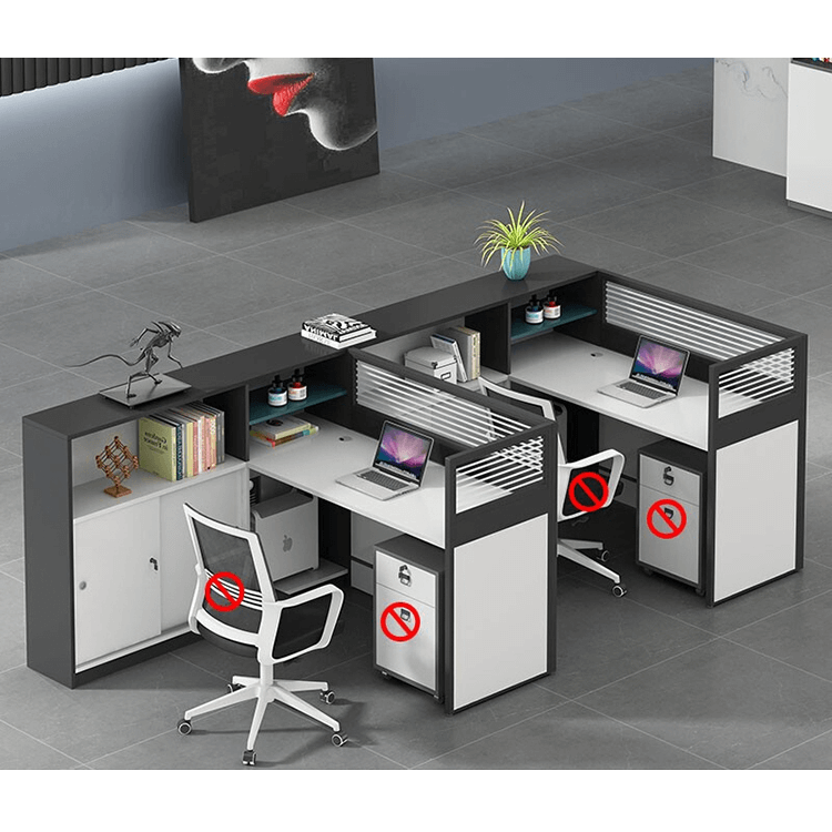 L shaped multiperson staff office with card slots, office desk and chair set