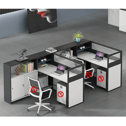 L shaped multiperson staff office with card slots, office desk and chair set