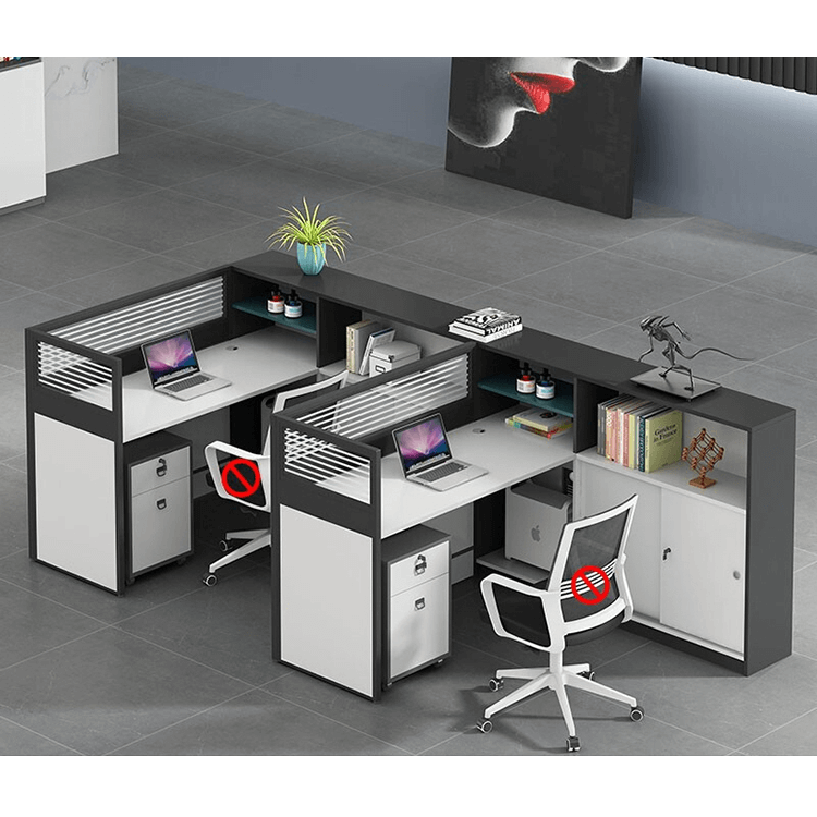 L shaped multiperson staff office with card slots, office desk and chair set