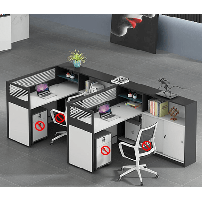 L shaped multiperson staff office with card slots, office desk and chair set