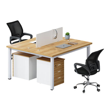 Multiple person office desk and chair set, modern employee workstation with screen partition