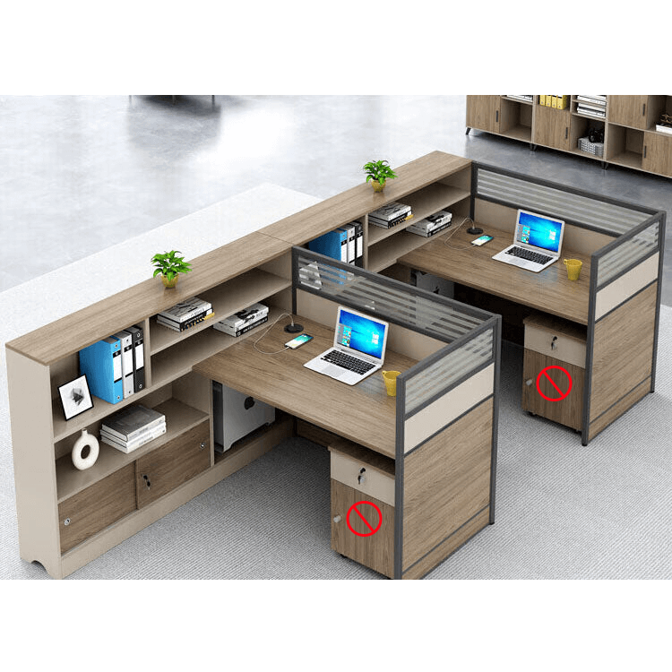 L shaped staff desk with tall cabinet and screen, office desk and chair combination