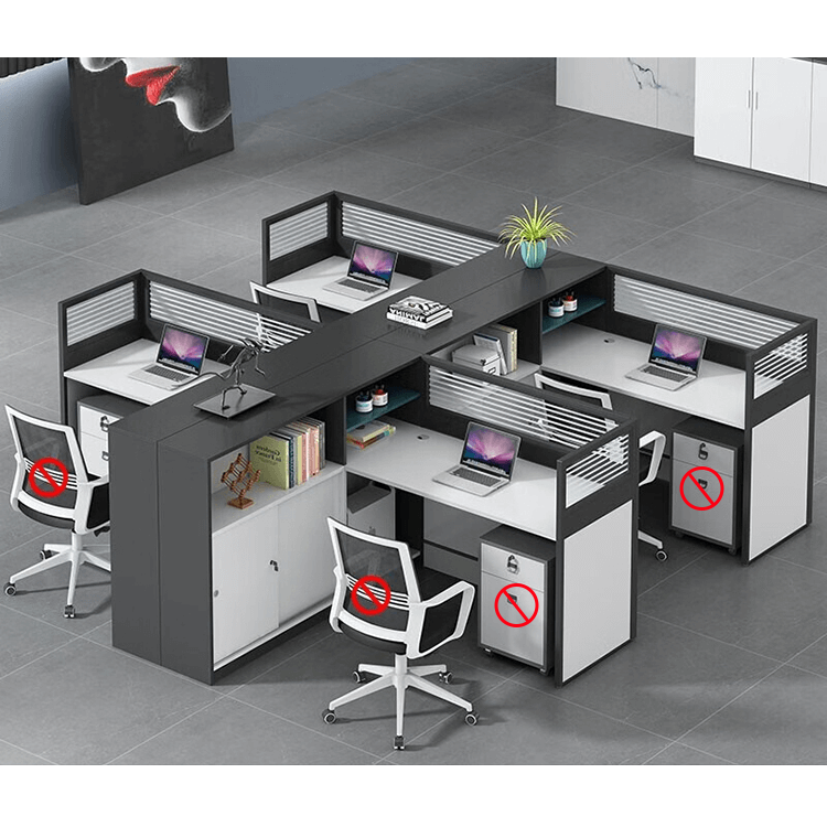 L shaped multiperson staff office with card slots, office desk and chair set