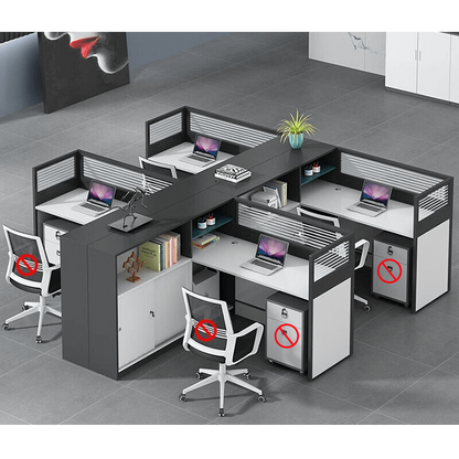 L shaped multiperson staff office with card slots, office desk and chair set