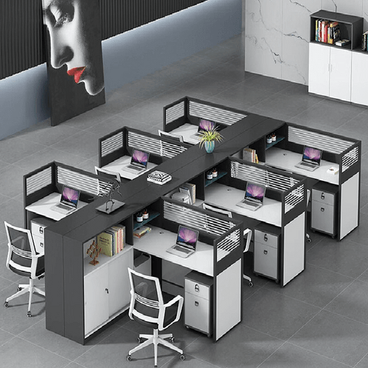 L shaped multiperson staff office with card slots, office desk and chair set