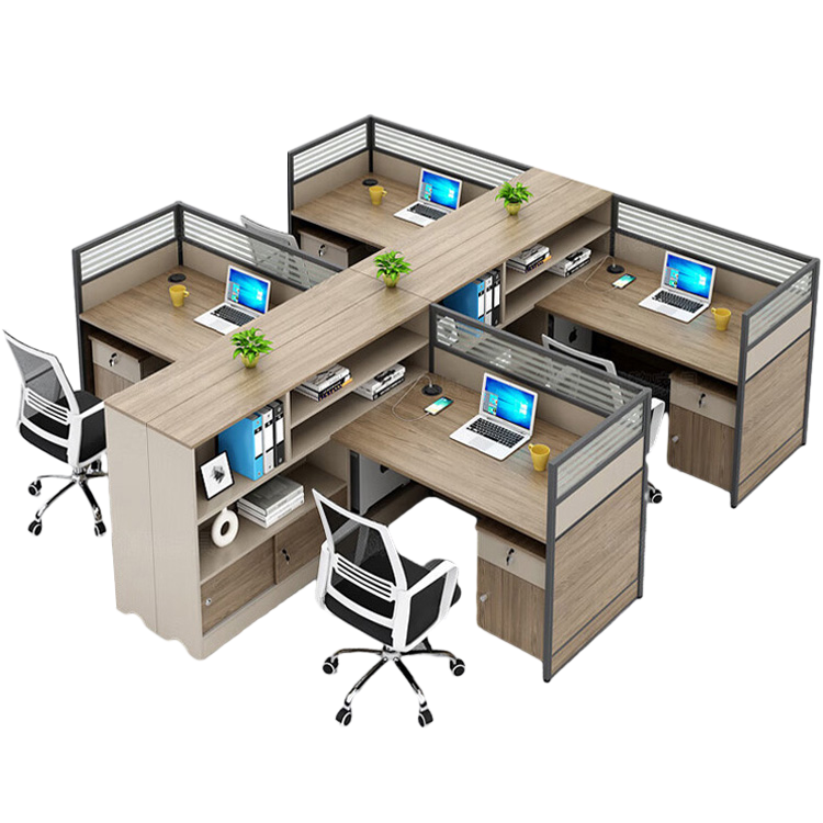 L shaped staff desk with tall cabinet and screen, office desk and chair combination