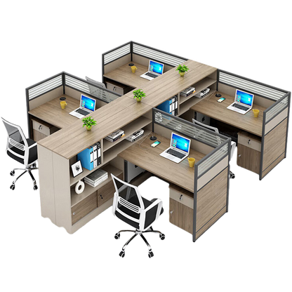 L shaped staff desk with tall cabinet and screen, office desk and chair combination