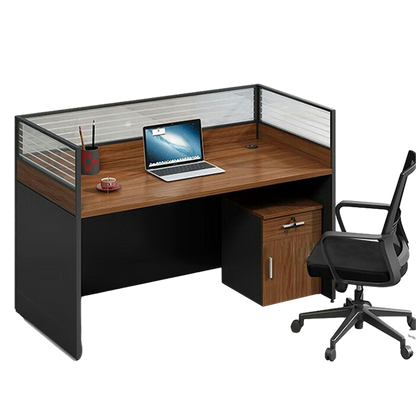 Office furniture staff desk and chair combination with screen workstation including cabinet