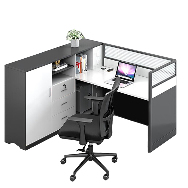 L shaped office desk, employee computer desk with cabinet