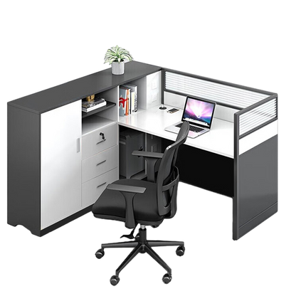 L shaped office desk, employee computer desk with cabinet