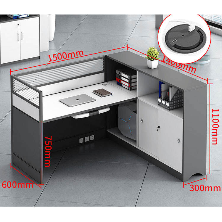 L shaped office desk computer desk, simple office card slot in gray white color