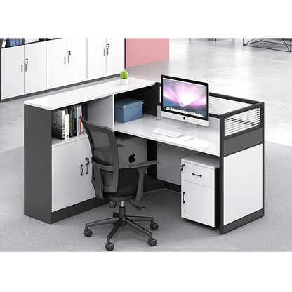 L shaped office desk, employee computer desk with cabinet