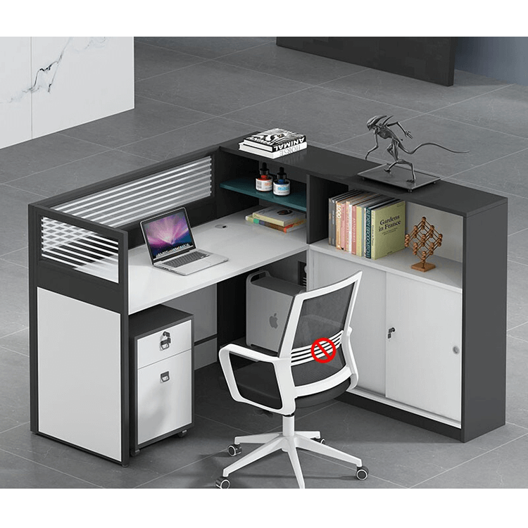 L shaped multiperson staff office with card slots, office desk and chair set