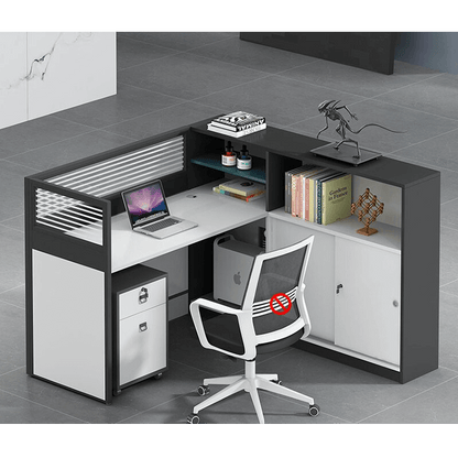 L shaped multiperson staff office with card slots, office desk and chair set