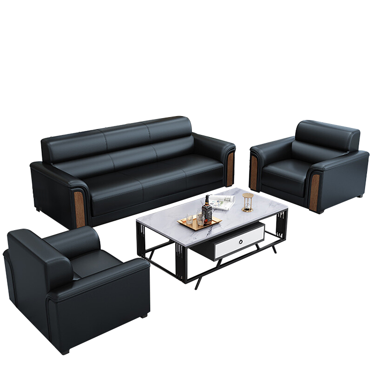 Office sofa, simple and modern business reception guest leather sofa and coffee table, black