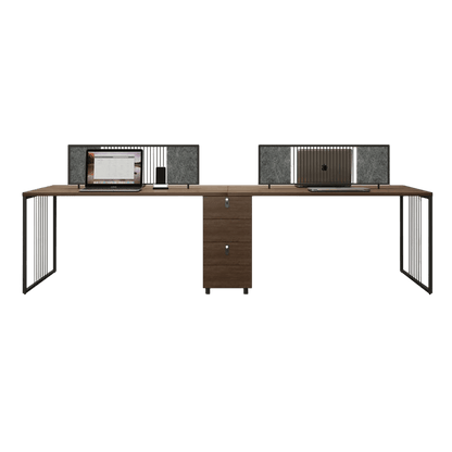 Simplified employee desk, freely configurable office desk and chair with low cabinet