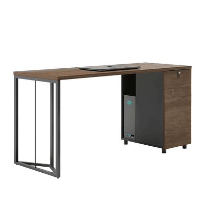 Simplified employee desk, freely configurable office desk and chair with low cabinet