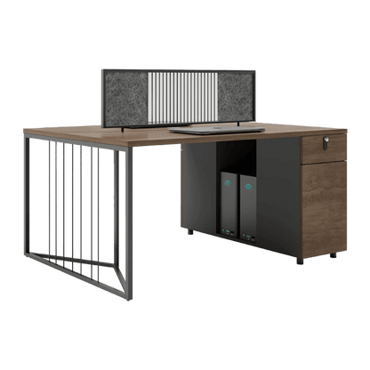 Simplified employee desk, freely configurable office desk and chair with low cabinet